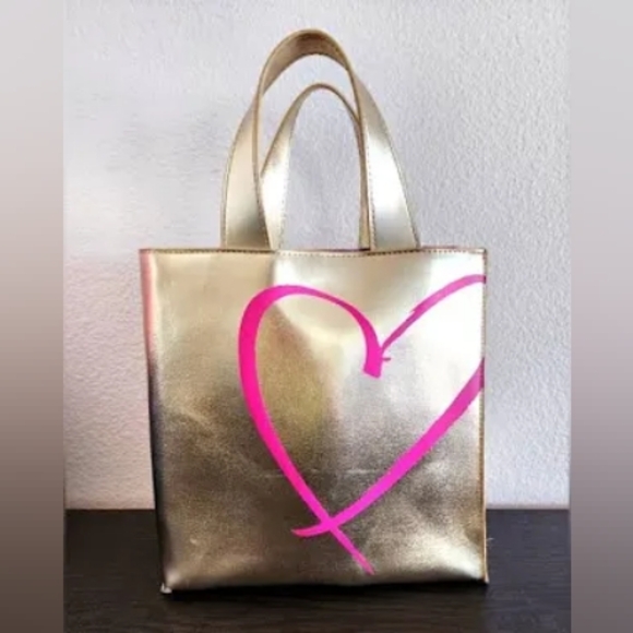 Victoria's Secret • Metallic Gold Heart Double Handle Tote Colorful Photo Inside - Picture 1 of 7